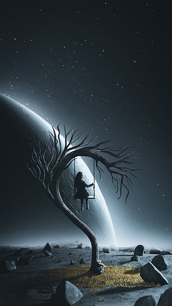 Swinging In Space, moon, alone, tree, Sci Fi, woman HD phone wallpaper