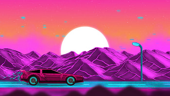 Neon Highway Synthwave Car In Mountains, neon, highway, synthwave, car, mountains, sun, artist, artwork, art, digital-art, deviantart HD wallpaper