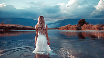 Blonde Girl Long Hair White Dress Walking In Lake, maria-puchnina, white-dress, blonde, girls, model, lake HD wallpaper