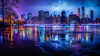 Midnight Skyline Reflection: A Stunning, skyline, landscape, reflection HD wallpaper