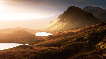 The Quiraing, Isle of Skye, Scotland, mist, landscape, sky, mountains, pond HD wallpaper