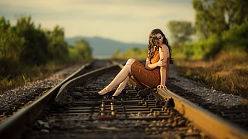 Beauty and Railway train, girl, train, lovely, pretty HD wallpaper