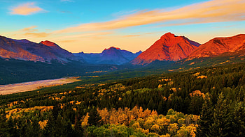 Sunrise and Fall Color over the Two Medicine Valley, Montana, sunset, autumn, trees, landscape, clouds, sky, mountains, usa HD wallpaper