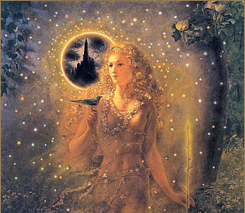 Eclipse, art, kinuko y craft, fantasy, yellow, girl HD wallpaper