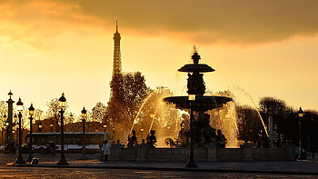 Cities, Water, Sunset, Sky, Paris, Eiffel Tower, Drops, Fountain, Lights, Spray, Lanterns, France, Jet, Jets HD wallpaper