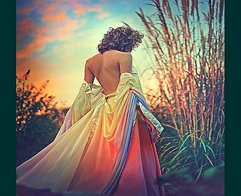 Colors, reeds, sunlight, clouds, pastel colored dress, sky, blue and coral sky, woman, beauty HD wallpaper