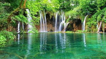 Waterfalls, rogks, mountains, water, lake HD wallpaper