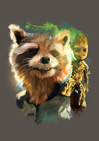 Groot and Rocket, Artstation artwork, Rocket raccoon, Baby Groot HD phone wallpaper
