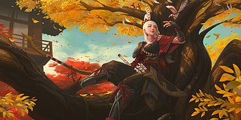 Fantasy girl, autumn, girl, toamna, frumusete, art, bird, tree, fantasy, lejia chan, yellow, red HD wallpaper