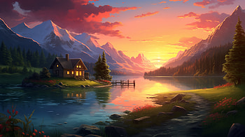 Sunset Serenity at the Cozy Cabin -, Cozy, cabin, sunset, artistic, landscape HD wallpaper