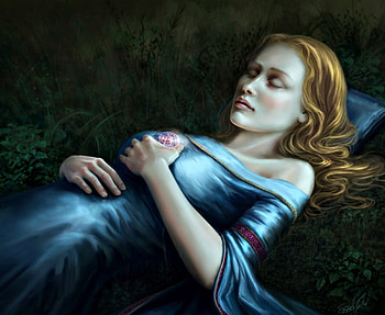 Death, blue, soniaverdu, blonde, art, girl, woman, fantasy, green, sleeping beauty HD wallpaper