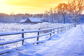 Farm in winter, farm, cold, serenity, countryside, winter, frost, house, beautiful, peaceful, fence, snow, sky HD wallpaper