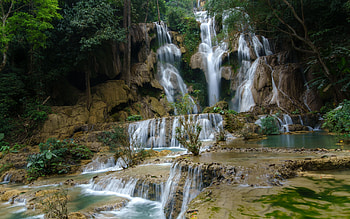 Kuang Si waterfall, Laos, trees, cascades, river, rocks HD wallpaper