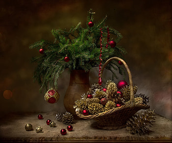 Christmas decoration still life, decoration, still, Basket, Christmas HD wallpaper