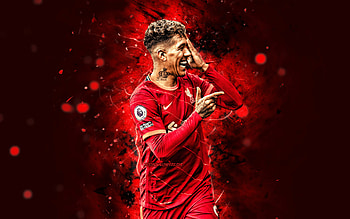Roberto Firmino, , 2021, Liverpool FC, red neon lights, brazilian footballers, soccer, Premier League, football, Roberto Firmino Liverpool, Roberto Firmino HD wallpaper