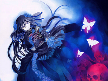 Pandora Hearts, blue, butterflies, gothic, roses, lilota, pretty, dark, skulls HD wallpaper
