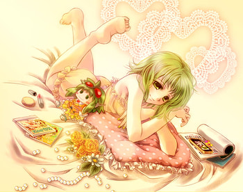 vocaloid, pink, blue eyes, colors, short hair, green hair, gumi, sleep HD wallpaper
