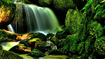 moss covered green waterfall r, moss, green, waterfall, r, rocks HD wallpaper