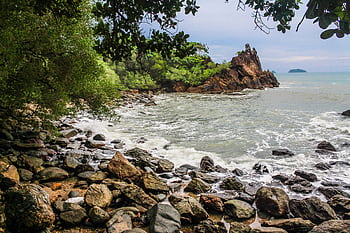 A tranquil coastal scene with rocky shorelines, lush green trees, and gentle ocean waves. HD wallpaper