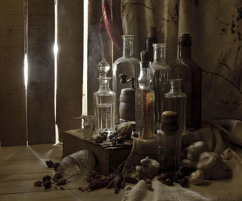 STILL LIFE, dried berries, assortment of pretty bottles, glass, old box, linen flower curtain HD wallpaper