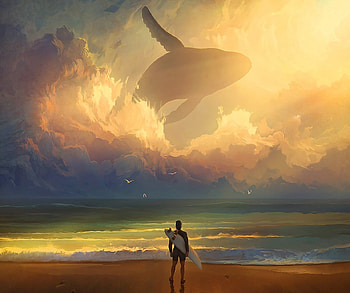 Waiting, whale, beach, surfer, water, artem chebokha, sunset, vara, silhouette, cloud, sea, art, man, orange, summer, fantasy, sky, luminos HD wallpaper