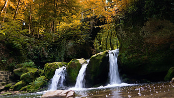 Autumn Waterfall, colors, trees, river, leaves, fall HD wallpaper