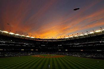 Scenic night at the park, graphy, sports, park, abstract, blimp, lights, game, baseball, sunset HD wallpaper