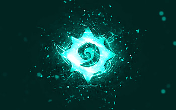 Hearthstone turquoise logo, , turquoise neon lights, creative, turquoise abstract background, Hearthstone logo, online games, Hearthstone HD wallpaper