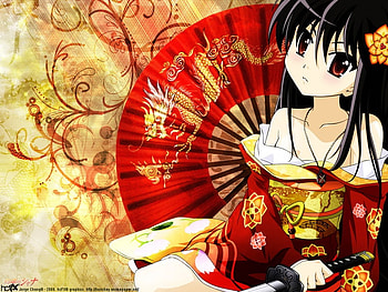 Japanese girl with fan, sword, anime, red, girl, fan HD wallpaper