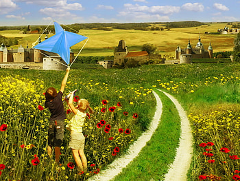 Kid's joy, children, country, play, field, kid, game, flowers, fly, child HD wallpaper