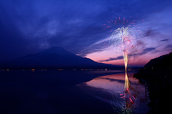 Mount Fuji Fireworks Japan , mount-fuji, mountains, nature, reflection HD wallpaper