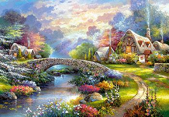 :), art, house, summer, painting, pictura, bridge, cottage, water, vara HD wallpaper