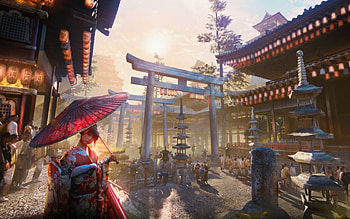 Japan, umbrella, christopher schiefer, asian, city, art, parasol, girl, geisha, slate, fantasy, red, luminos HD wallpaper