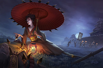 I'm just picking flowers, blue, umbrella, fantasy, tiffany chiu, red, parasol, girl, luminos HD wallpaper