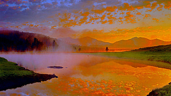 MISTY LAKE, tranquility, yellowstone national park, creek, weather, misty, wetland, usa, wyoming, mountain, scenic, stream HD wallpaper