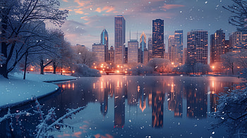 Winter Cityscape Reflection on Frozen Lake, frozen lake, snowy city, city, city skyline, winter HD wallpaper