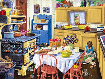 Playtime in Kitchen, artwork, kitten, chairs, table, kitchen cabinet, oven, painting, child HD wallpaper