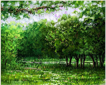 painting, watercolor, peaceful, beautiful, grass, nice, leaves, drawing, green, cool, trees, nature, calm HD wallpaper