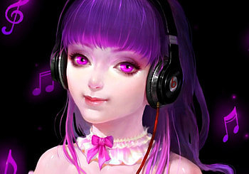 Fantasy girl, black, heads, art, girl, amethyst eyes, purple, pink, music, fantasy, luminos, guoxx HD wallpaper