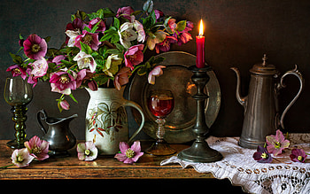 Still life, Candle, Flowers, Style, Glasses HD wallpaper