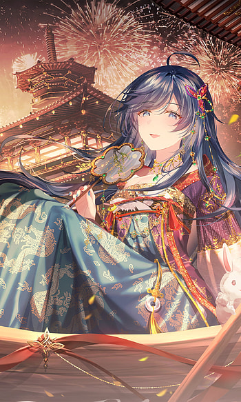 Blue-Haired Shrine Girl — Fireworks Night, fireworks, blue hair, Anime, girl, anime girl HD phone wallpaper