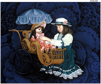 Going For A Stroll, umbrella, doll, painting, buggy, ride, girl, dress, hat HD wallpaper