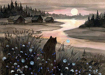 Т.Родионова. Мечтательный кот, night, kitten, painting, moon, art, path, cat, feline HD wallpaper