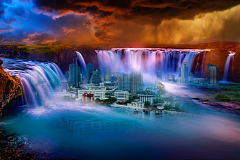 Fantasy, City, Miscellanea, Miscellaneous, Waterfall, Surrealism HD wallpaper