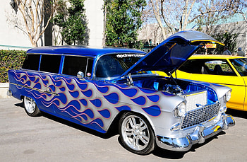 1955-Chevrolet-Wagon, Silver Flames, Classic, Blue, GM HD wallpaper