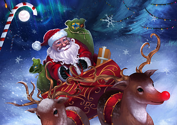 MERRY CHRISTMAS, CHRISTMAS, SLED, REINDEER, SNOWFLAKES, CANDY CANE, SANTA HD wallpaper