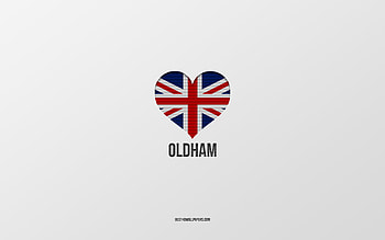 I Love Oldham, British cities, Day of Oldham, gray background, United Kingdom, Oldham, British flag heart, favorite cities, Love Oldham HD wallpaper
