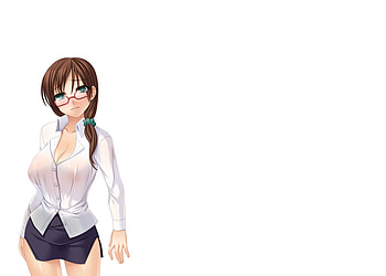 Tagme, white, wet, glasses, brown hair, uniform, blush, long hair, green eyes HD wallpaper