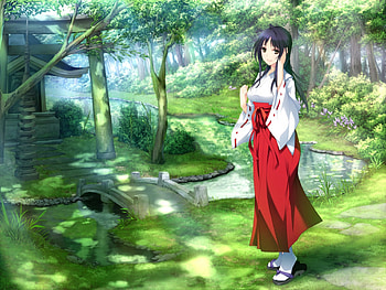 Izumi Wakoto, japanese, cg, miko, maiden, garden, game, girl HD wallpaper