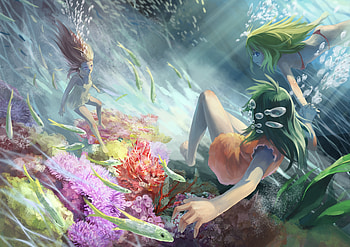 Underwater, sea, avamone, girl, summer, anime, fish, luminos, manga HD wallpaper
